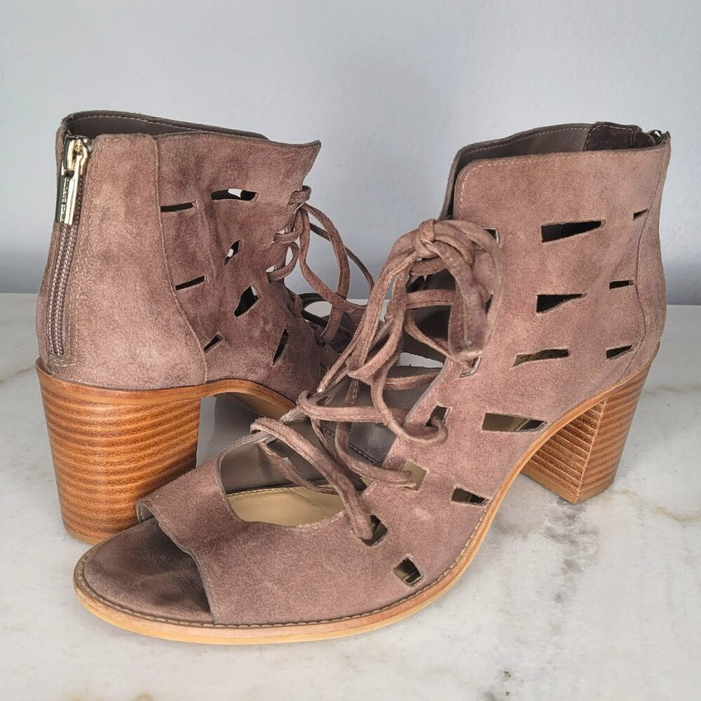Vince Camuto Taupe Suede Cutout Lace-Up Heeled Sandals – Size 12